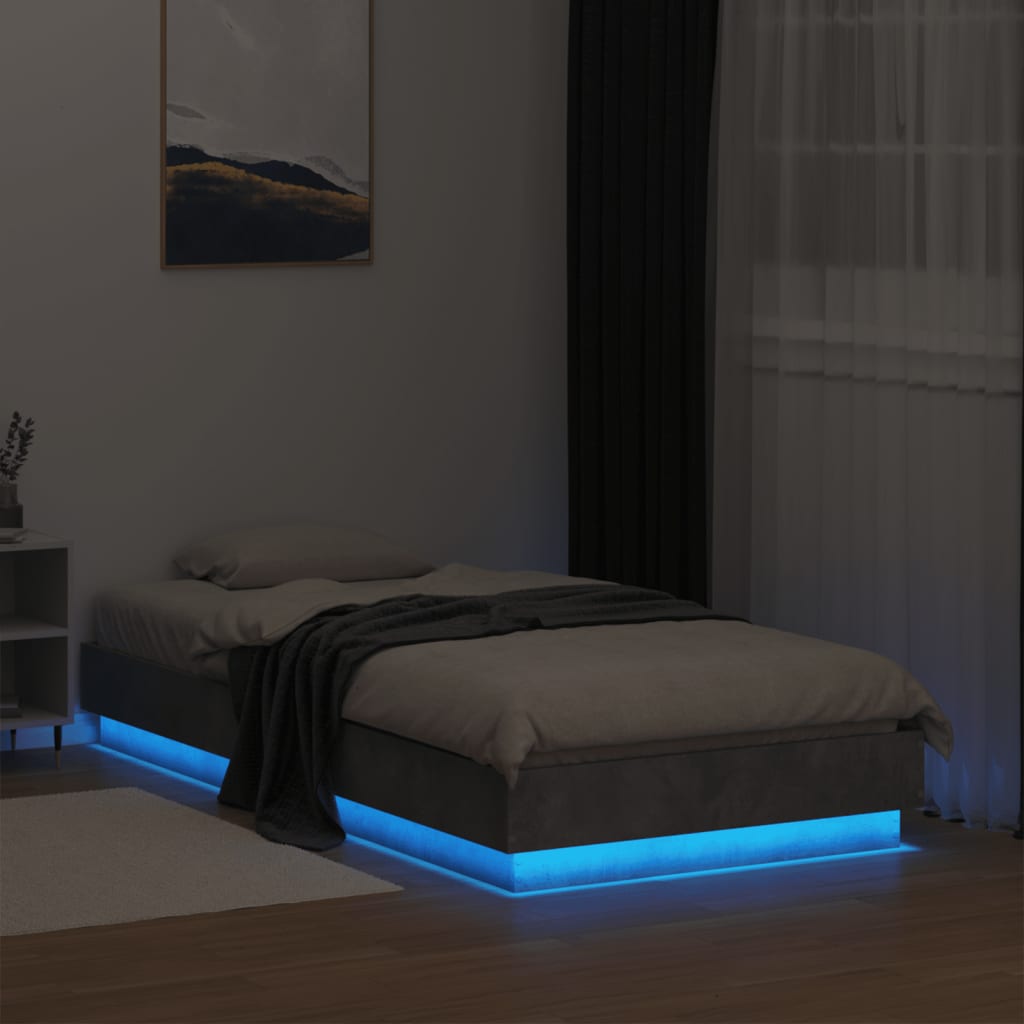 Bed frame without mattress with LED lights concrete gray 75x190cm