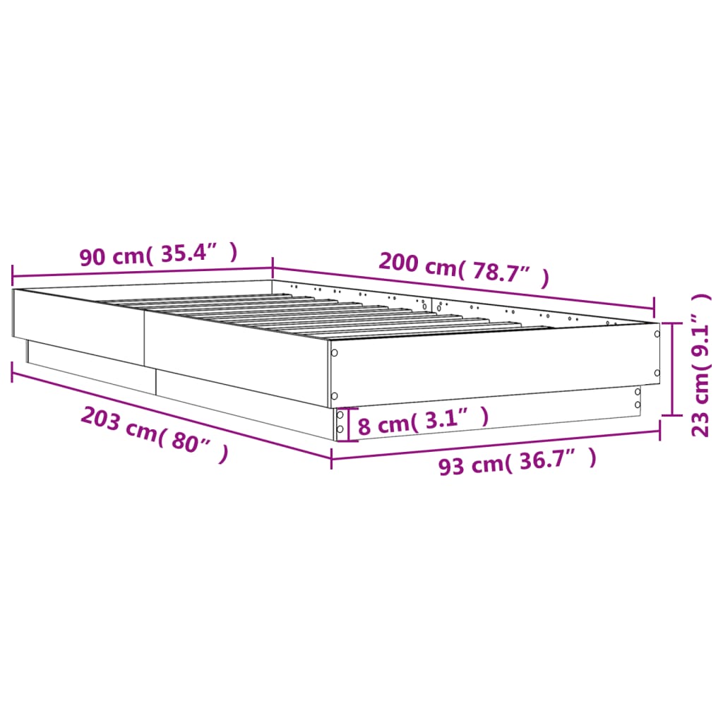 Bettgestell ohne Matratze, Räuchereiche 90x200cm, Holzwerkstoff