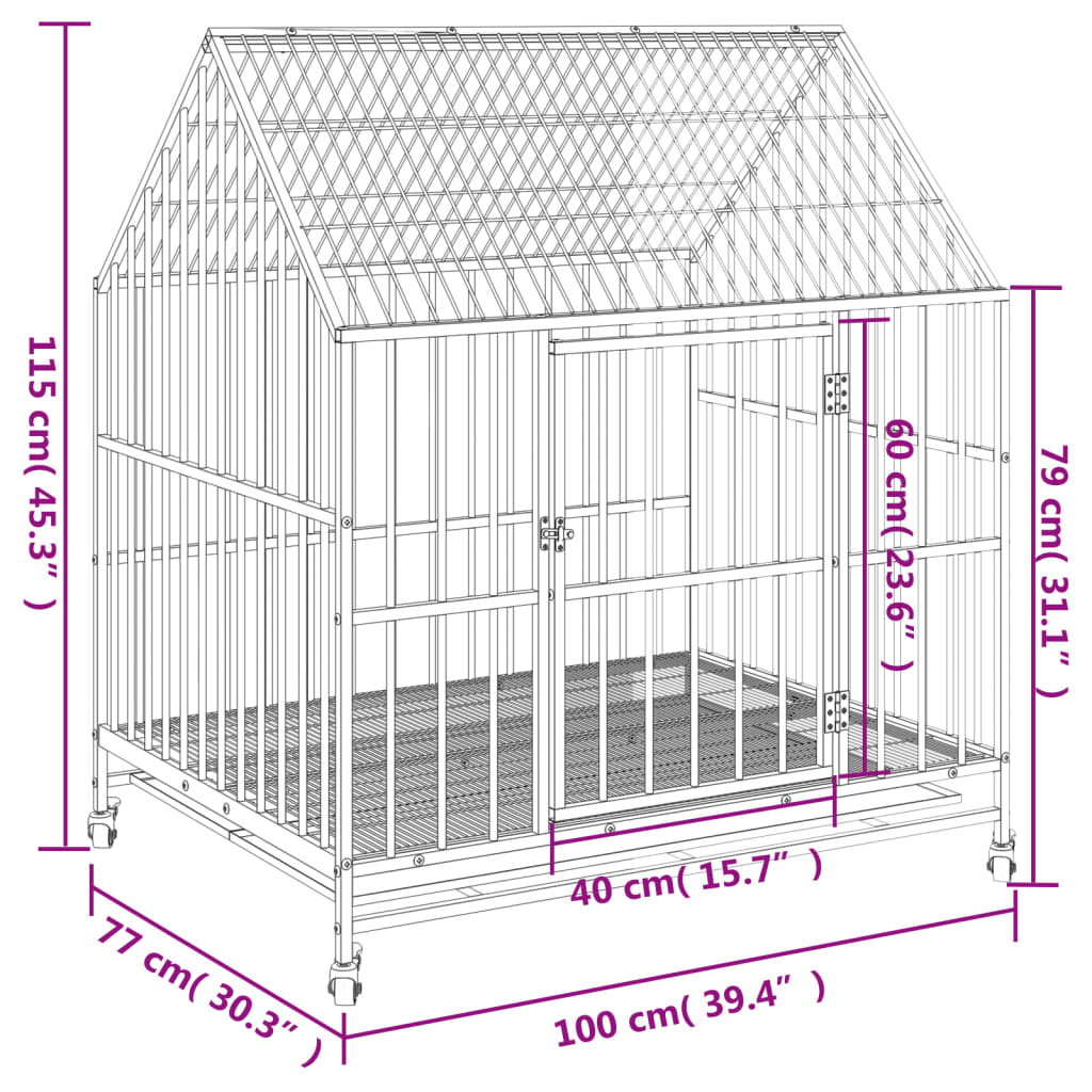 Hundekäfig mit Rädern aus schwarzgrauem verzinktem Stahl