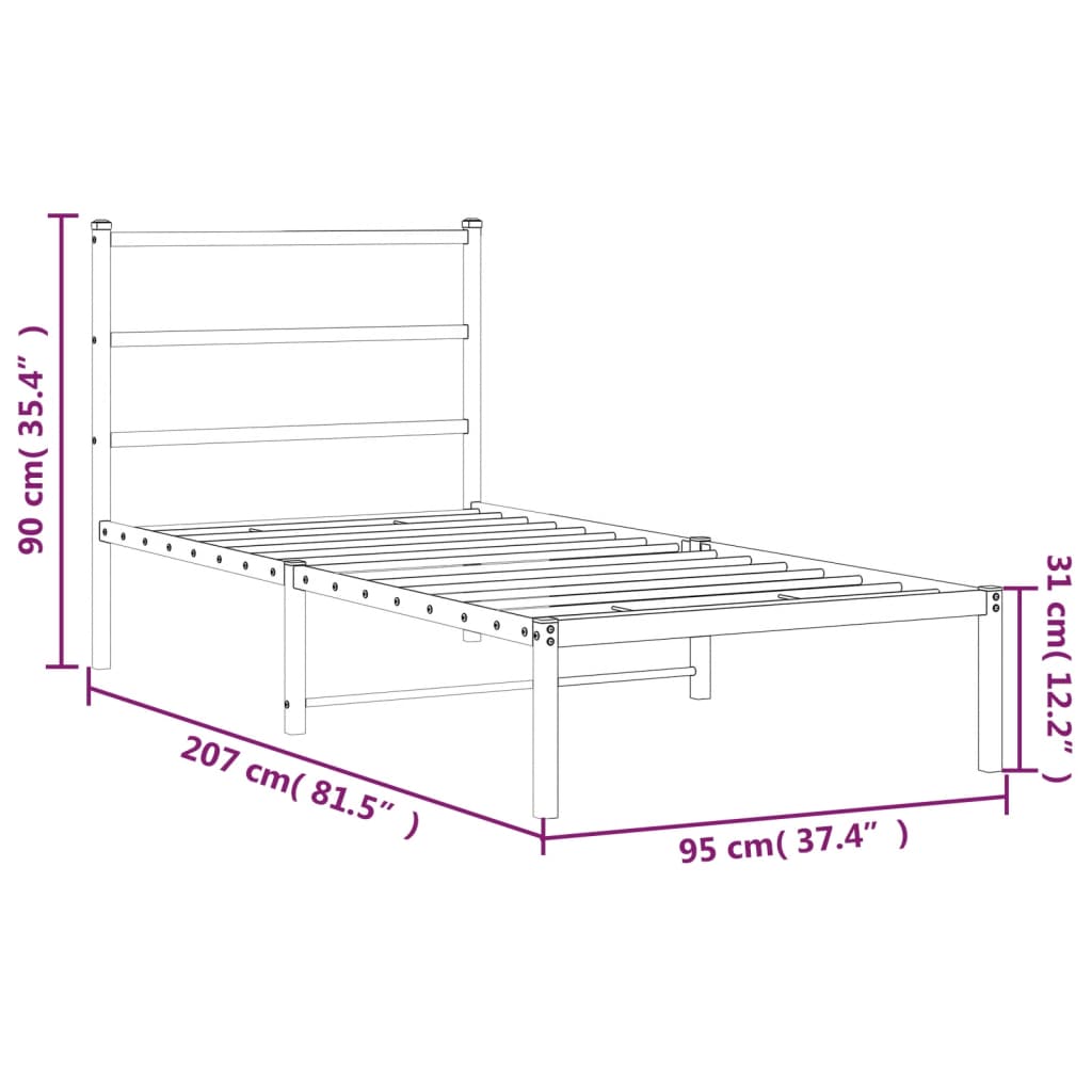 Cadre de lit métal sans matelas avec tête de lit noir 90x200 cm