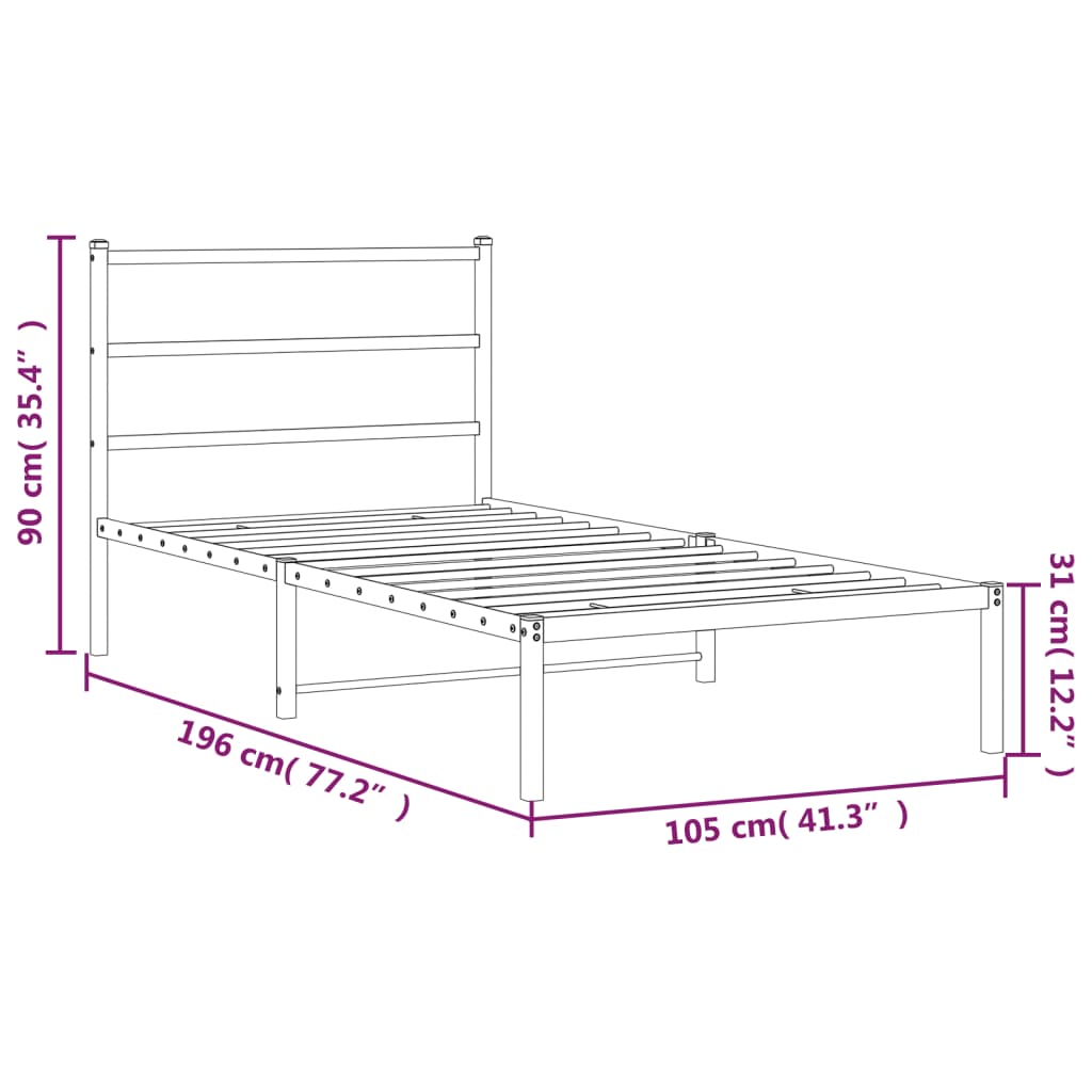 Cadre de lit métal sans matelas avec tête de lit noir 100x190cm