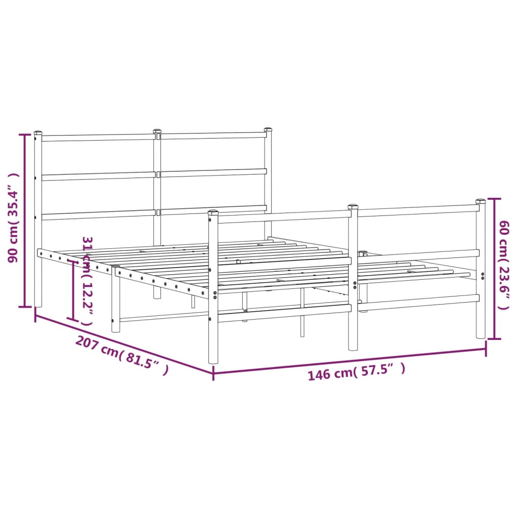 Cadre de lit métal sans matelas avec pied de lit noir 140x200cm