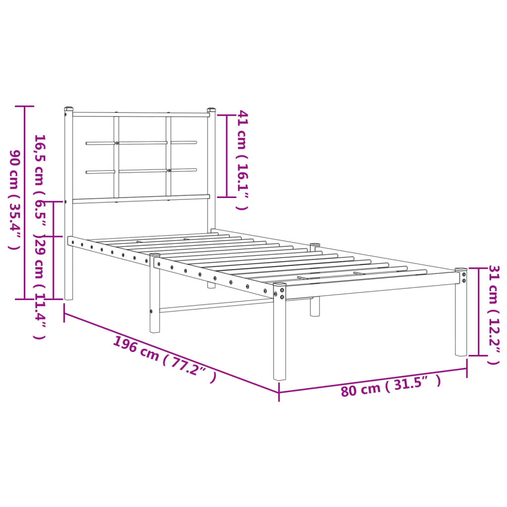 Cadre de lit métal sans matelas avec tête de lit blanc 75x190cm