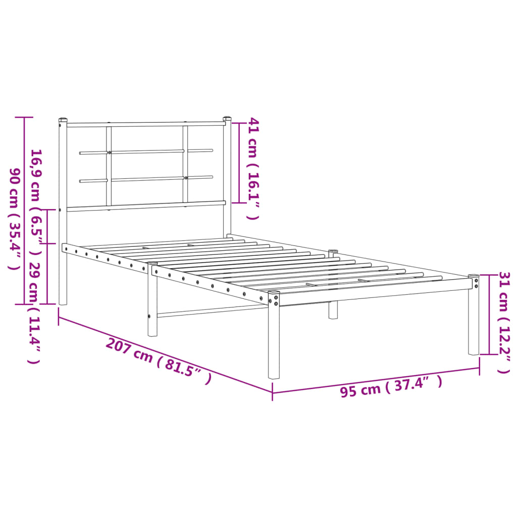 Cadre de lit métal sans matelas avec tête de lit blanc 90x200cm