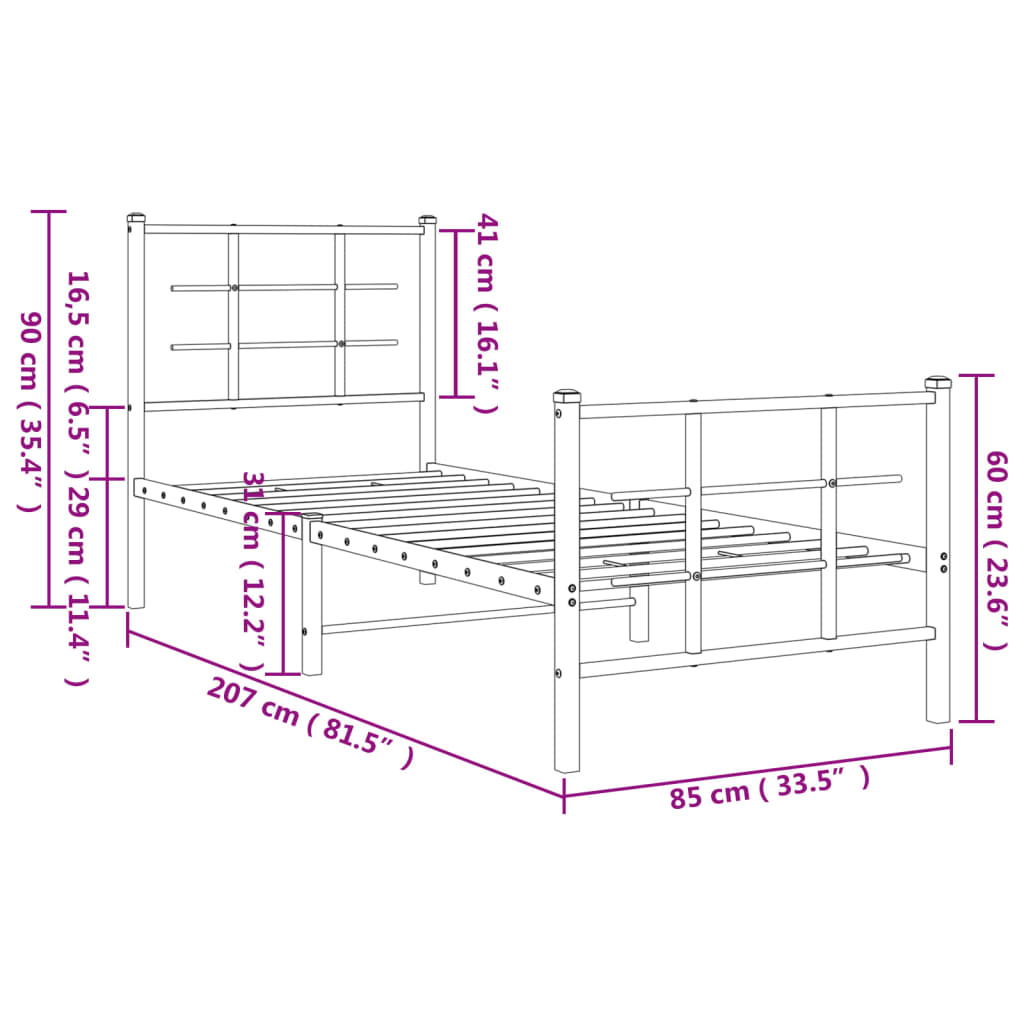 Cadre de lit métal sans matelas avec pied de lit blanc 80x200cm