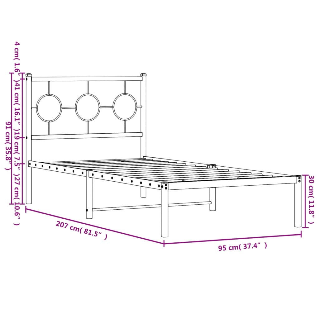 Cadre de lit métal sans matelas avec tête de lit noir 90x200 cm