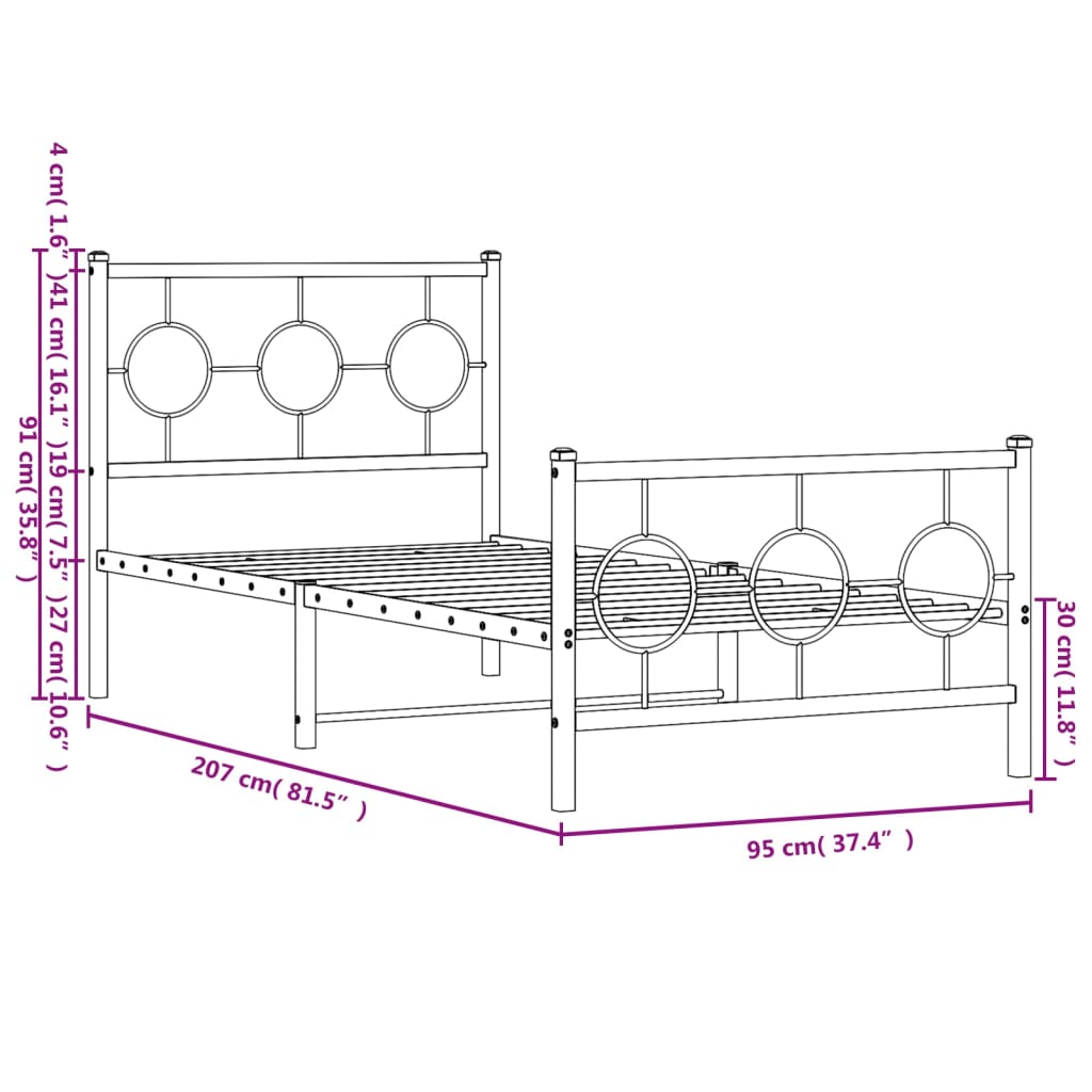 Metal bed frame without mattress with black footboard 90x200 cm