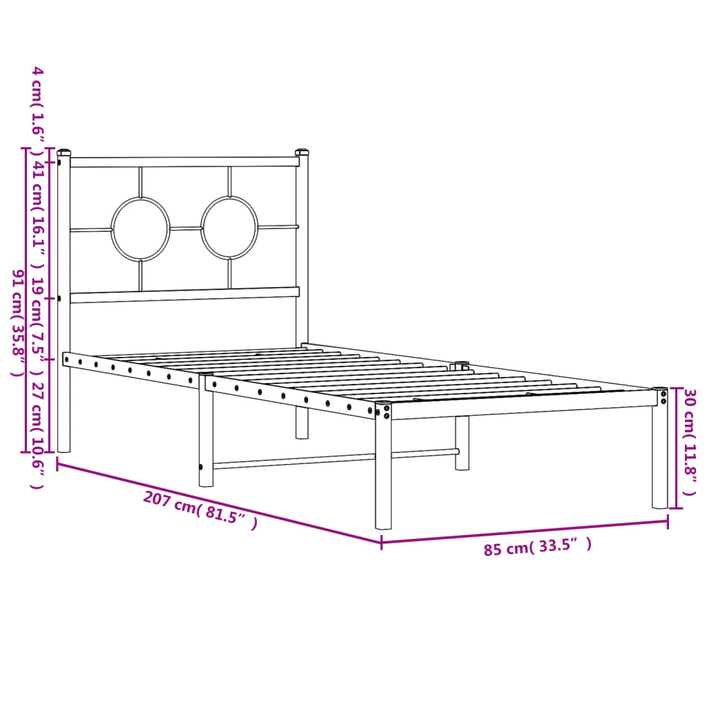 Cadre de lit métal sans matelas avec tête de lit blanc 80x200cm