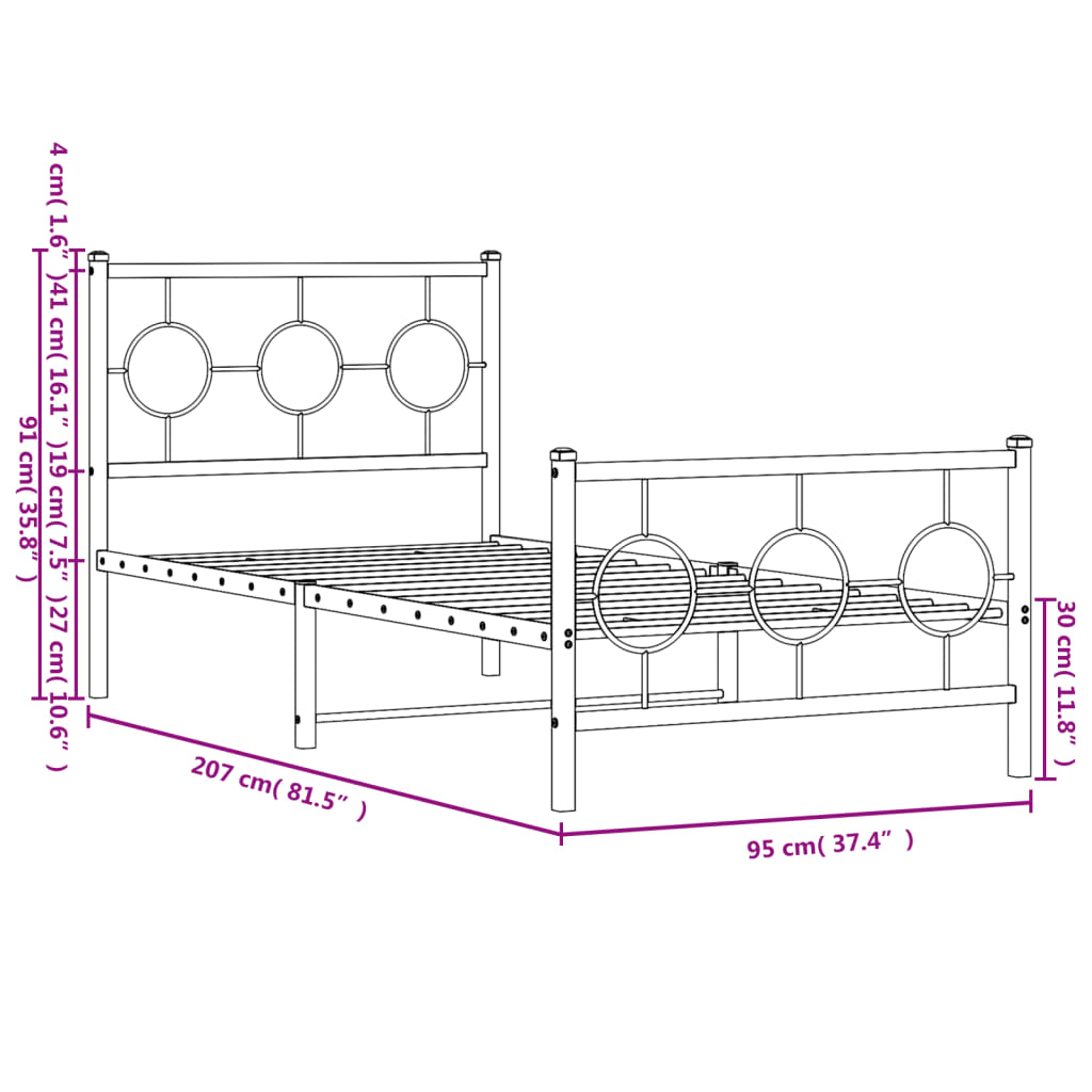 Cadre de lit métal sans matelas avec pied de lit blanc 90x200cm