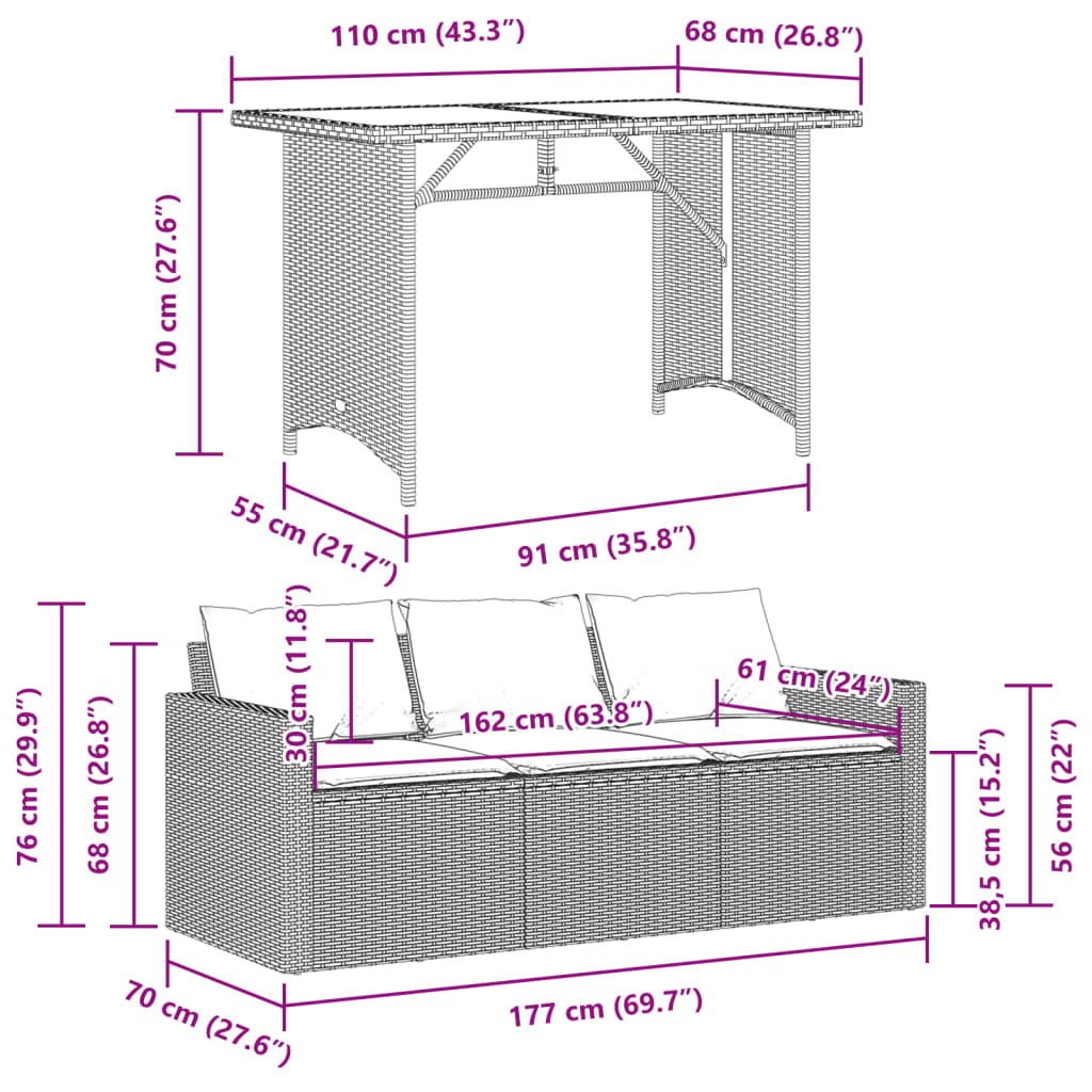 Ensemble à manger de jardin et coussins 2 pcs gris rotin