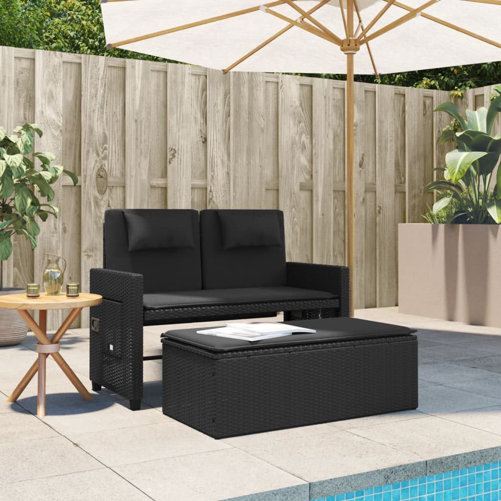 Banc inclinable de jardin avec coussins noir résine tressée