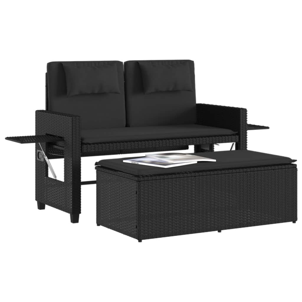 Banc inclinable de jardin avec coussins noir résine tressée