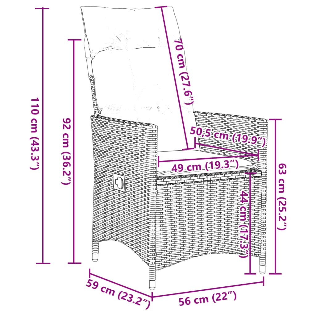 Chaises inclinables de jardin lot de 2 et coussins gris rotin