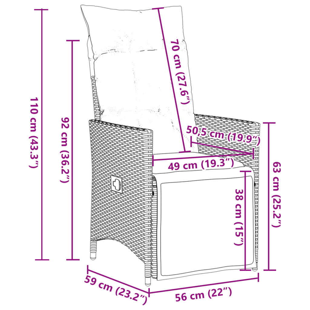 Chaises inclinables de jardin lot de 2 et coussins noir rotin