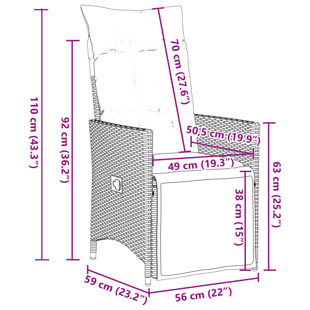 Chaises inclinables de jardin lot de 2 et coussins marron rotin