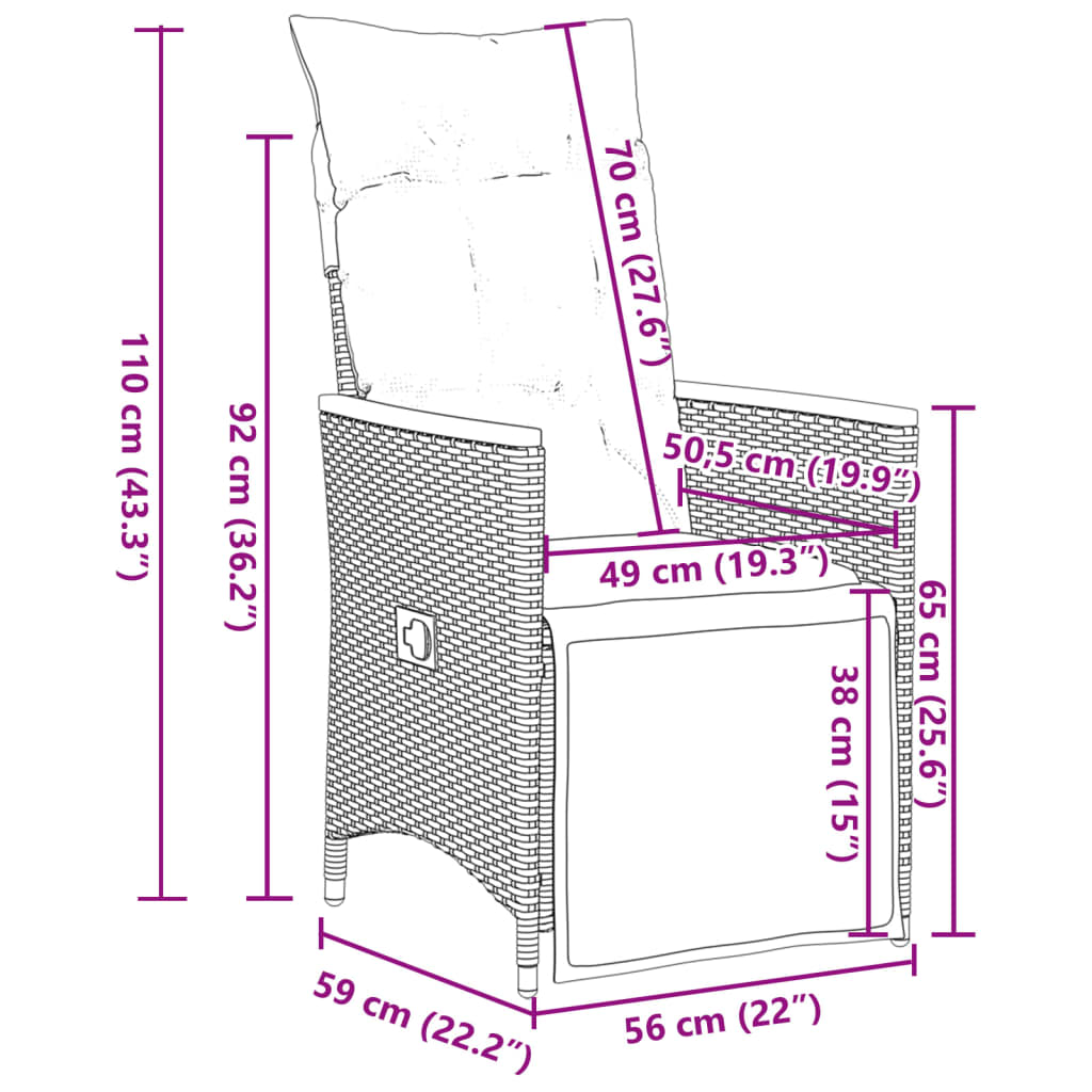 Chaises inclinables de jardin lot de 2 et coussins gris rotin