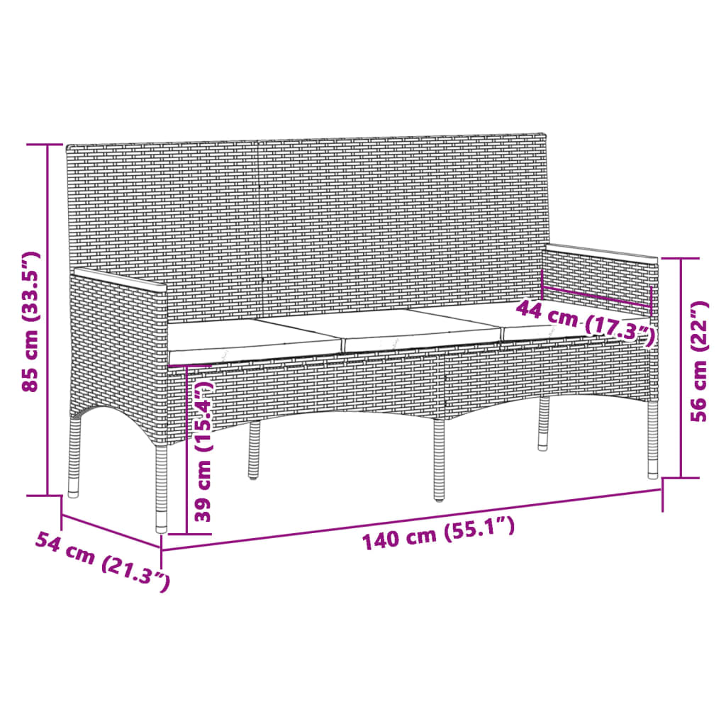 3-seater garden bench with grey resin wicker cushions