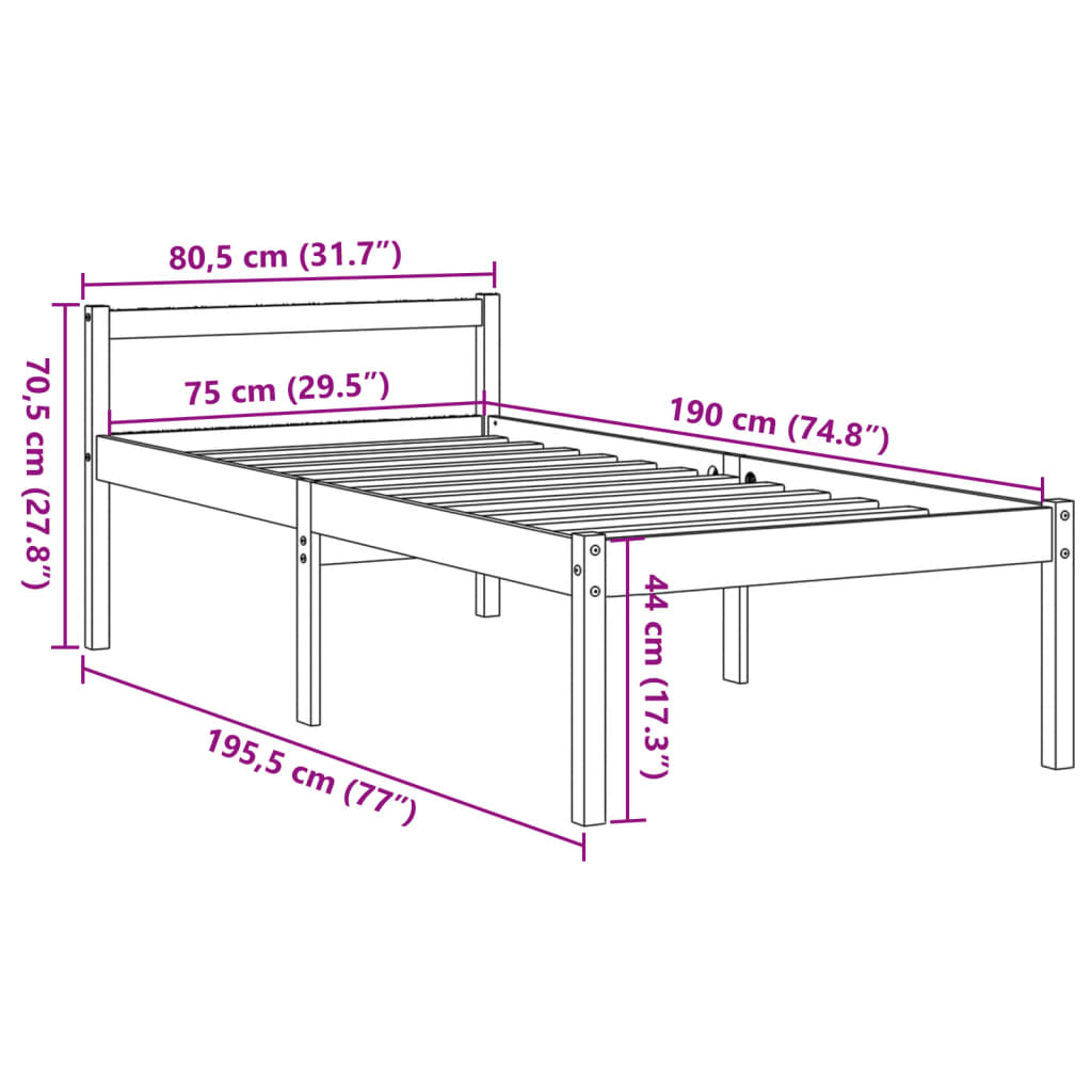 Seniorenbett ohne Matratze 75x190 cm aus massivem Kiefernholz