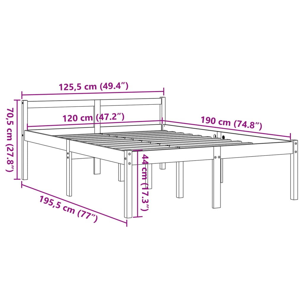 Seniorenbett ohne Matratze 120x190 cm aus massivem Kiefernholz