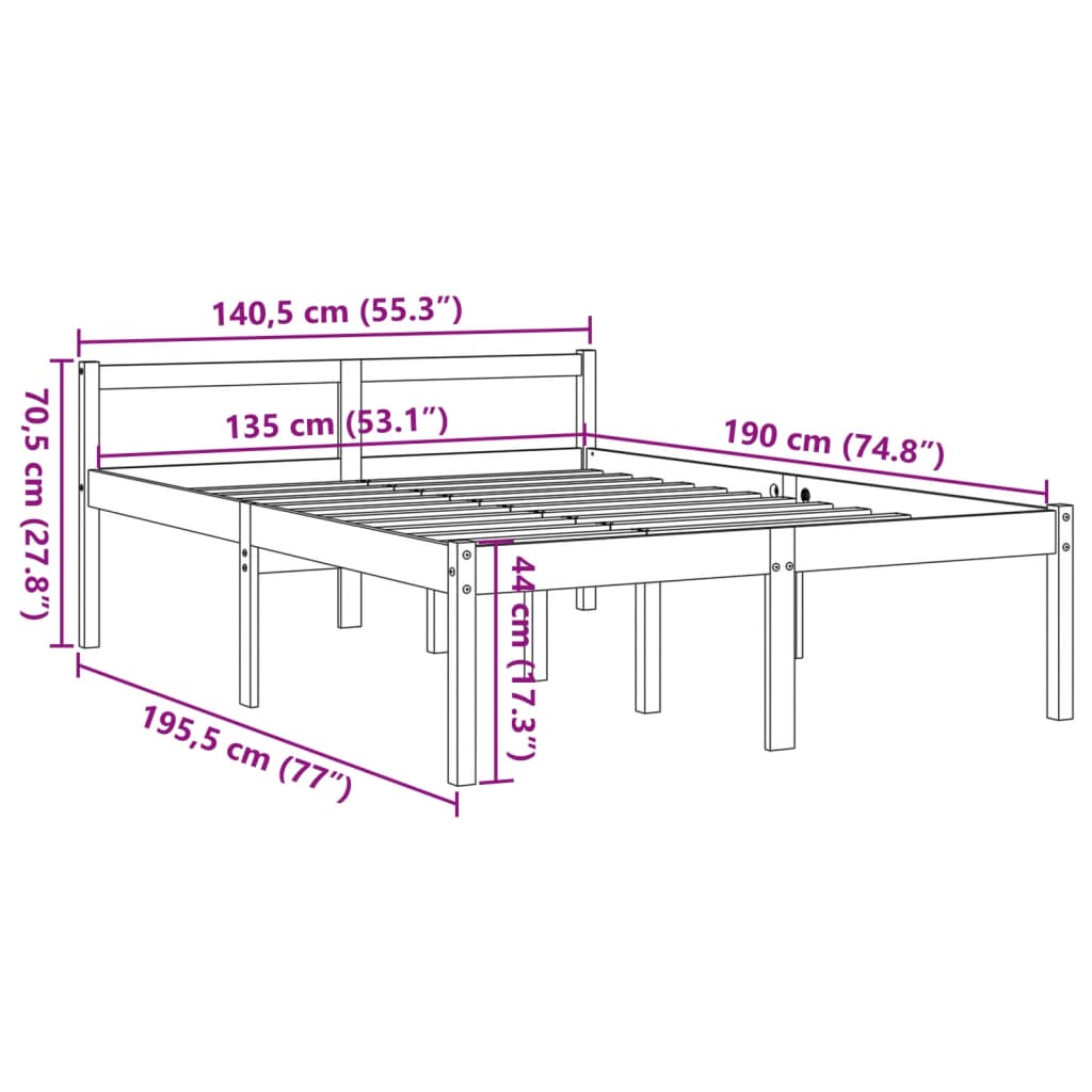 Seniorenbett ohne Matratze 135x190 cm aus massivem Kiefernholz