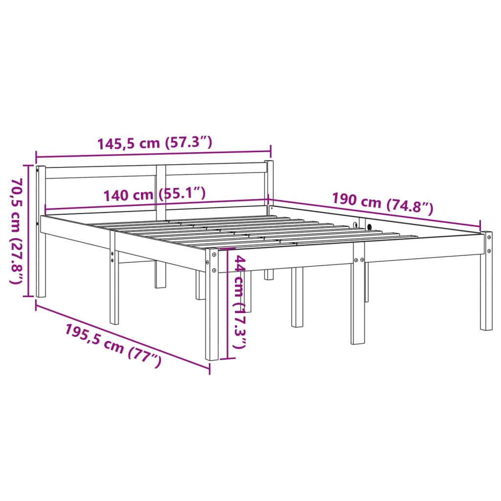 Seniorenbett ohne Matratze 140x190 cm aus massivem Kiefernholz