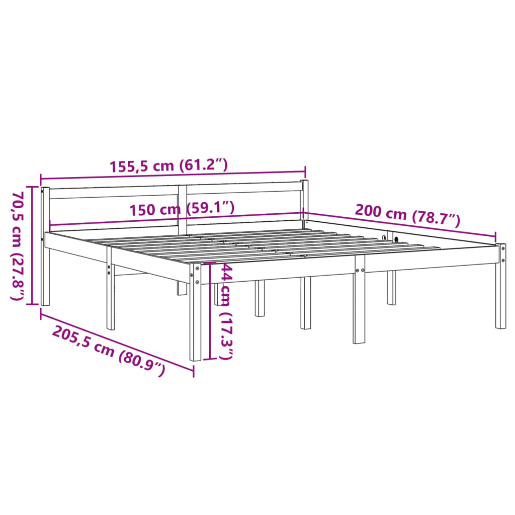 Seniorenbett ohne Matratze 150x200 cm aus massivem Kiefernholz