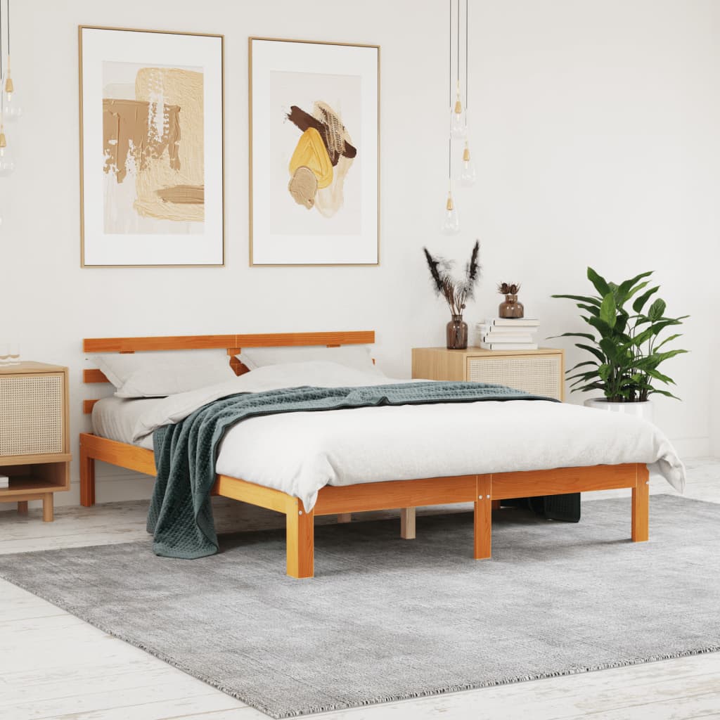 Bed frame with headboard wax brown 120x190cm pine wood