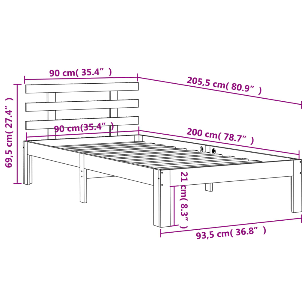 Bed frame with brown wax headboard 90x200 cm pine wood