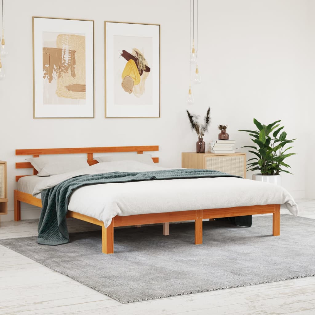 Brown wax bed frame and headboard 180x200 cm pine wood