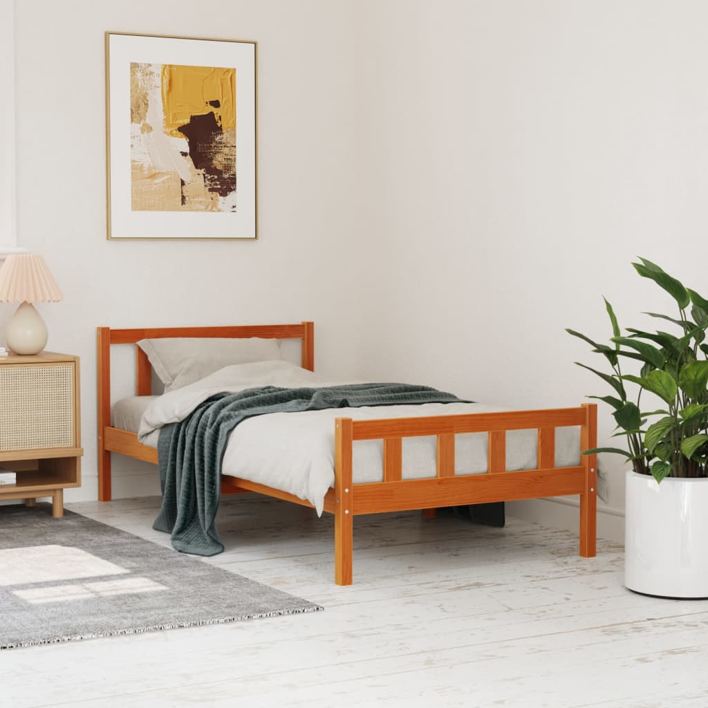 Bed frame with brown wax headboard 75x190 cm pine wood