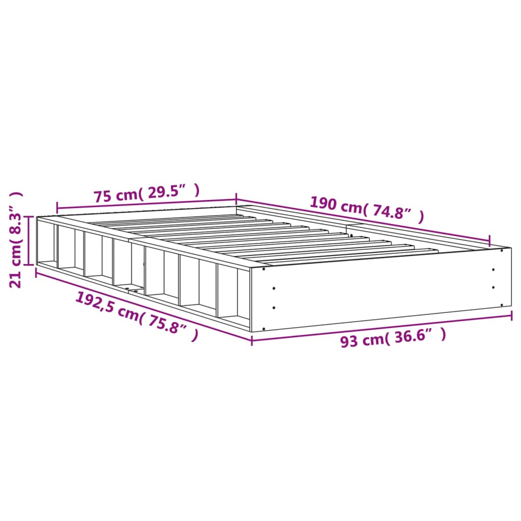 Bed frame without mattress brown wax 75x190 cm solid pine wood