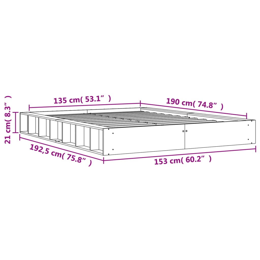 Bed frame without mattress brown wax 135x190cm solid pine wood