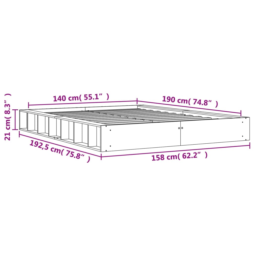 Bed frame without mattress brown wax 140x190cm solid pine wood