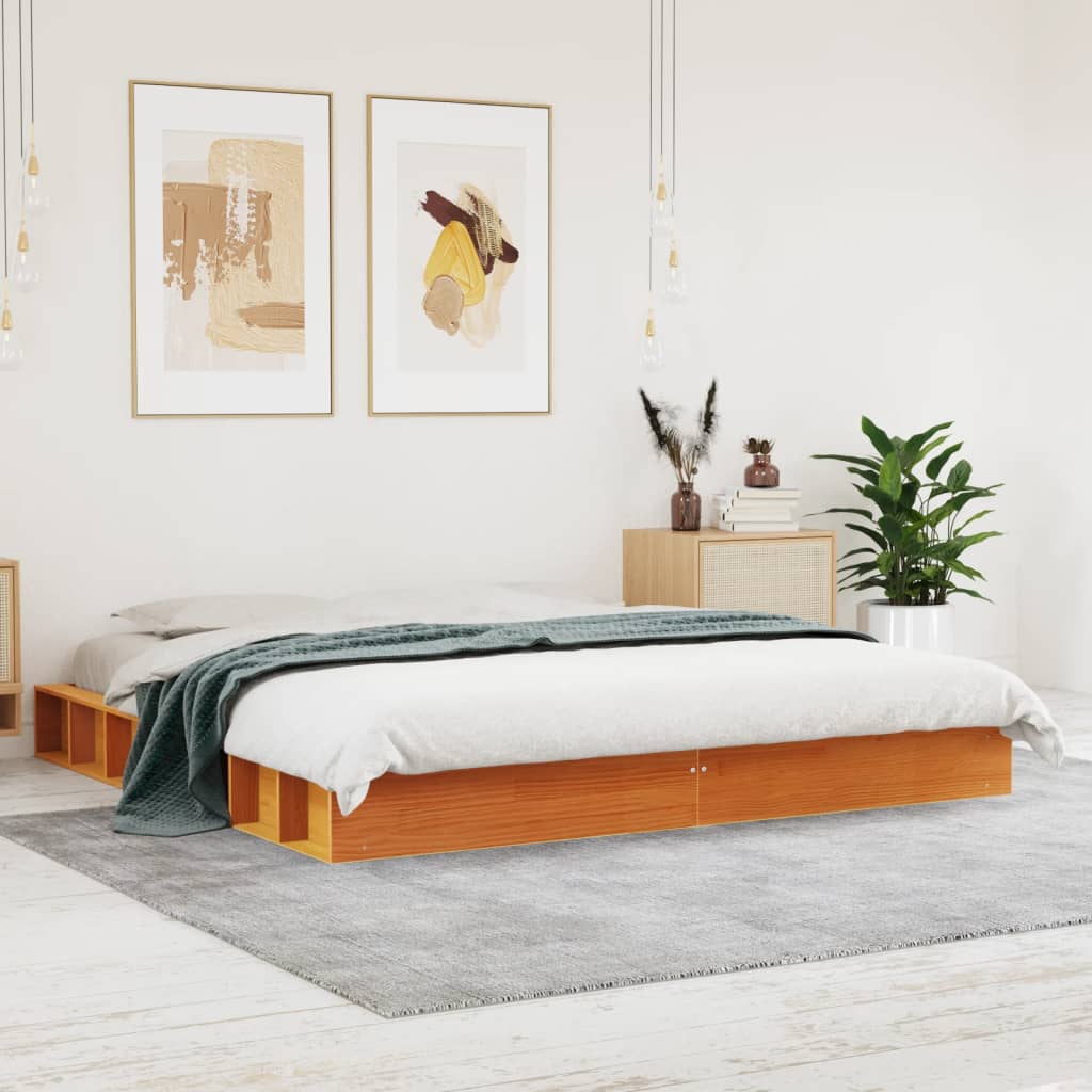 Bed frame without mattress brown wax 200x200cm solid pine wood