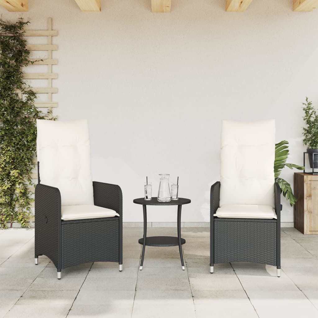 Chaises inclinables de jardin lot de 2 et coussins noir rotin