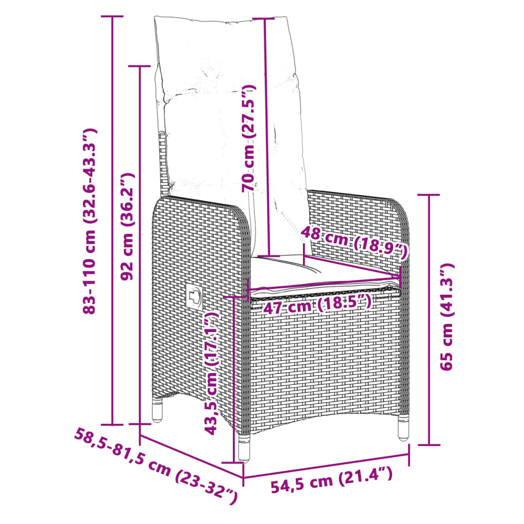 Chaises inclinables de jardin lot de 2 et coussins noir rotin