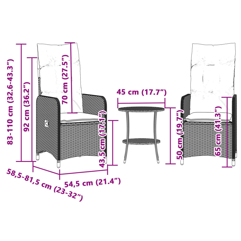 Chaises de jardin inclinables lot de 2 et table résine tressée