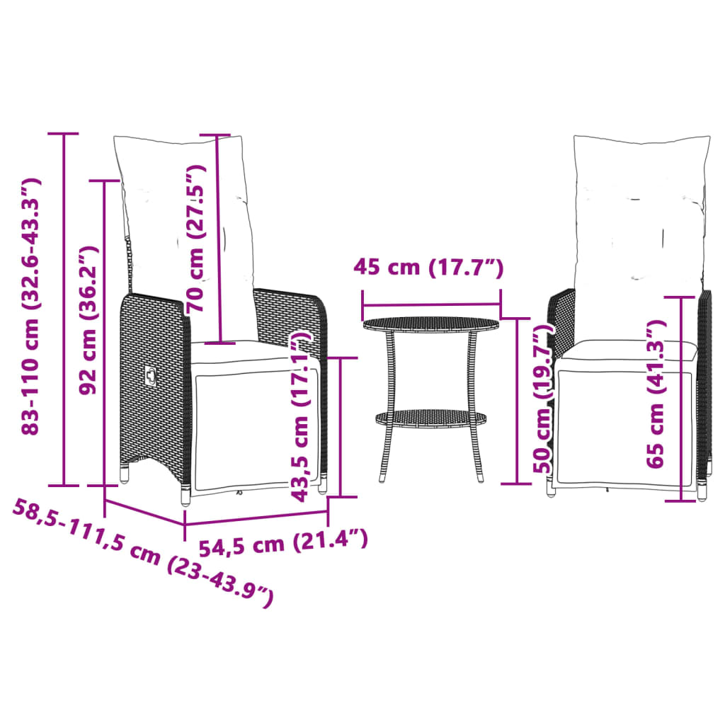 Chaises inclinables de jardin lot de 2 et table résine tressée