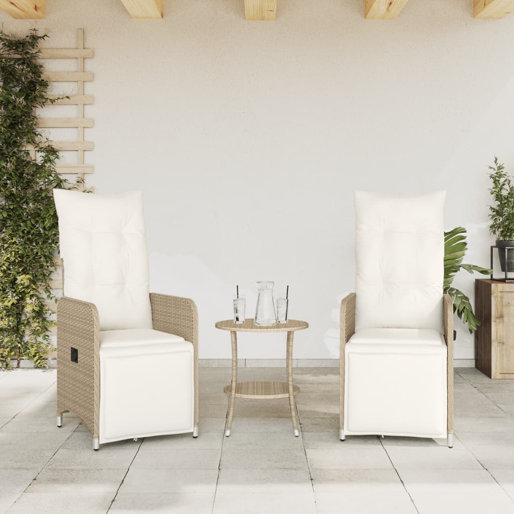 Chaises inclinables de jardin lot de 2 avec table beige rotin