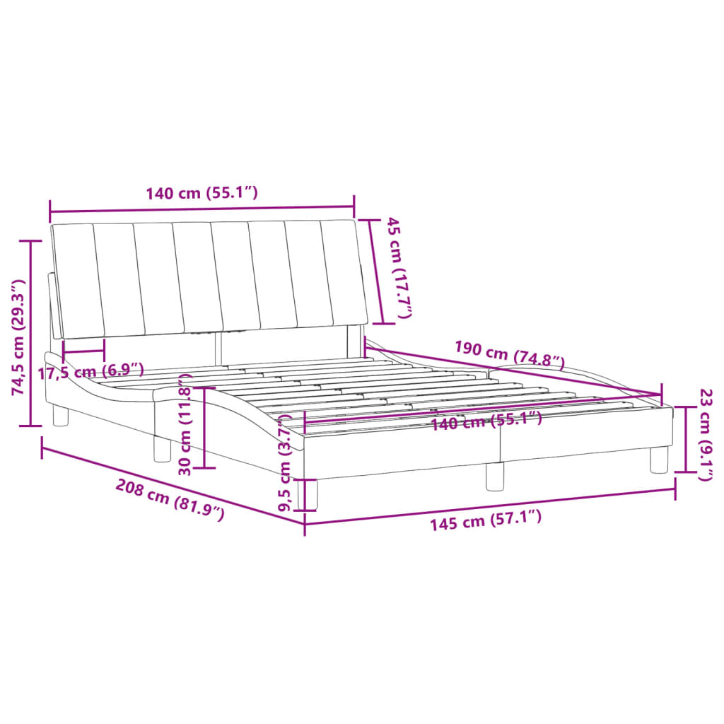 Cadre de lit sans matelas gris clair 140x190 cm velours