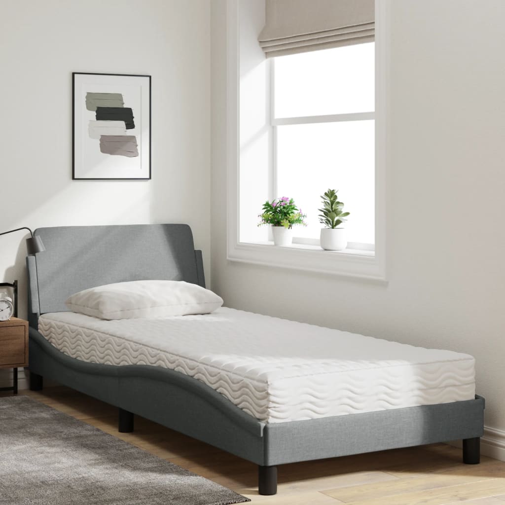 Lit avec matelas gris clair 90x190 cm tissu