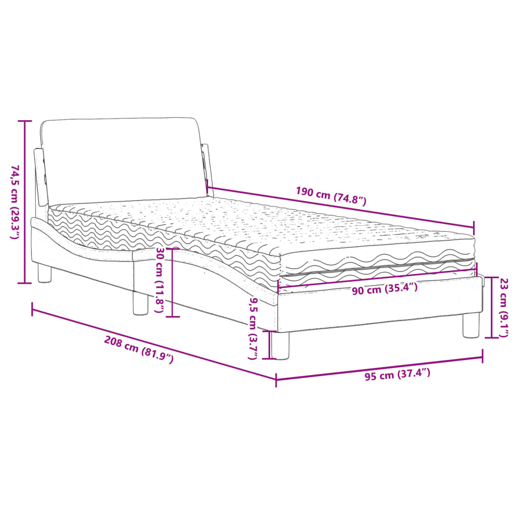 Lit avec matelas gris clair 90x190 cm tissu