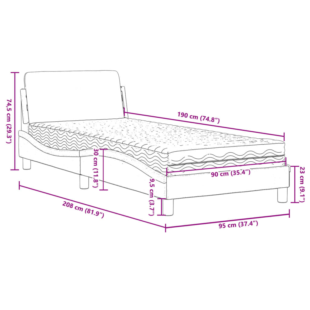 Lit avec matelas noir 90x190 cm tissu