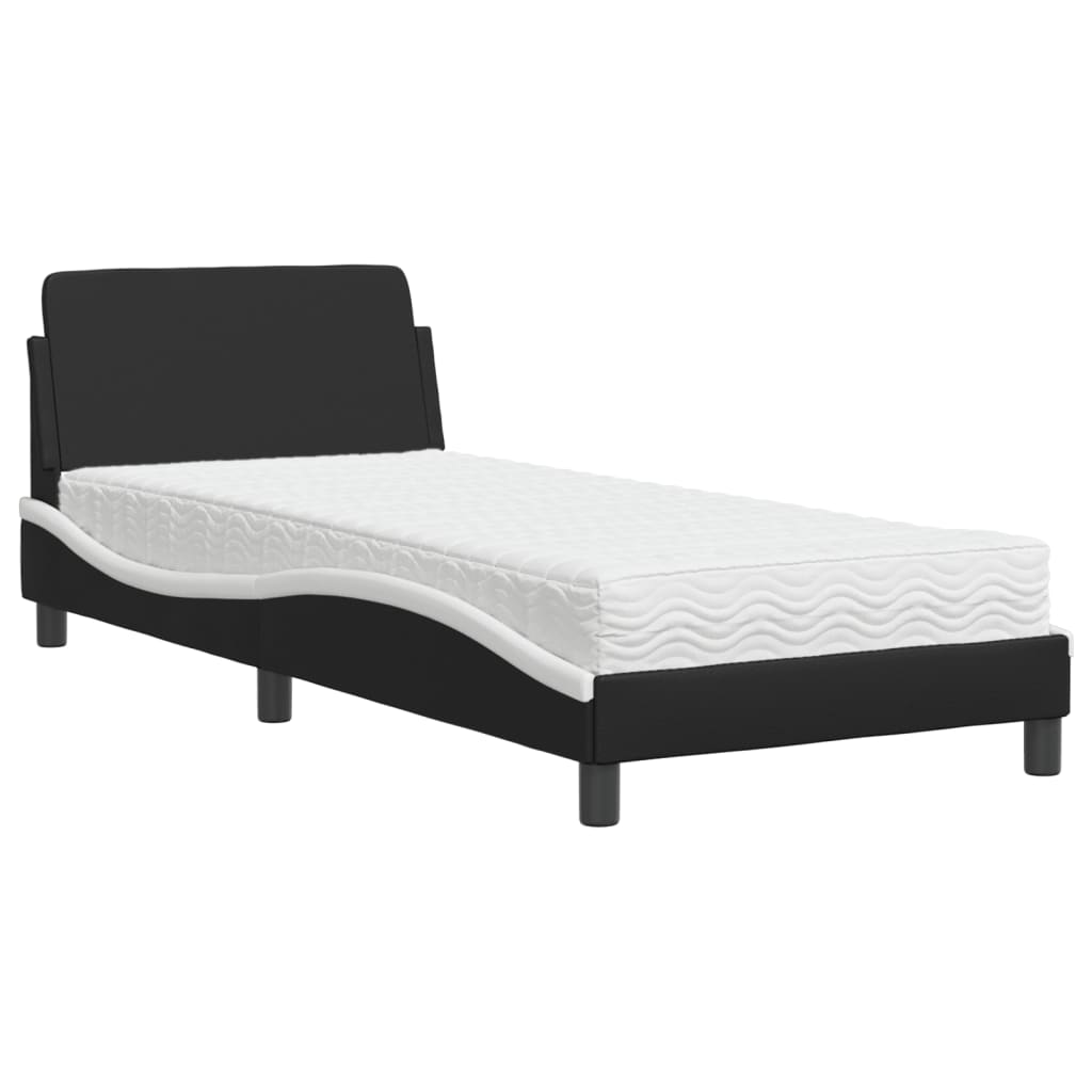 Lit avec matelas noir et blanc 90x190 cm similicuir