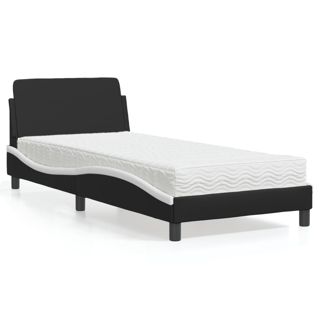 Lit avec matelas noir et blanc 90x200 cm similicuir