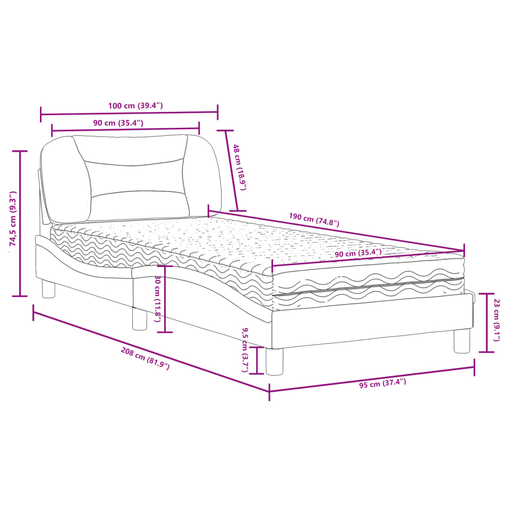 Lit avec matelas gris clair 90x190 cm tissu