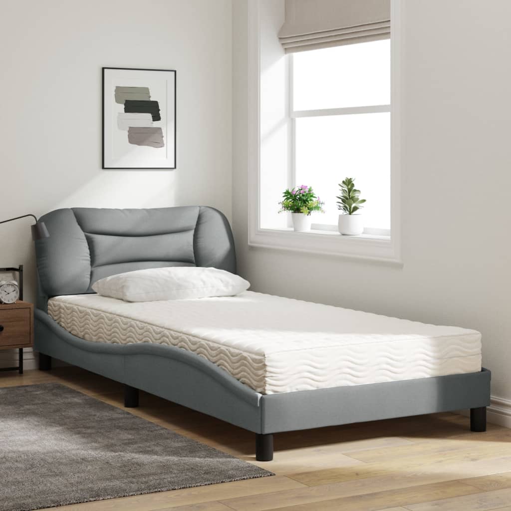 Lit avec matelas gris clair 100x200 cm tissu