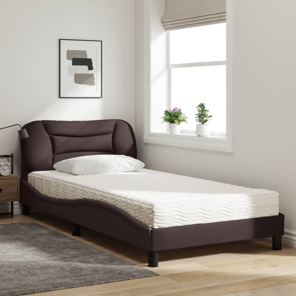 Bed with dark brown mattress 100x200 cm fabric