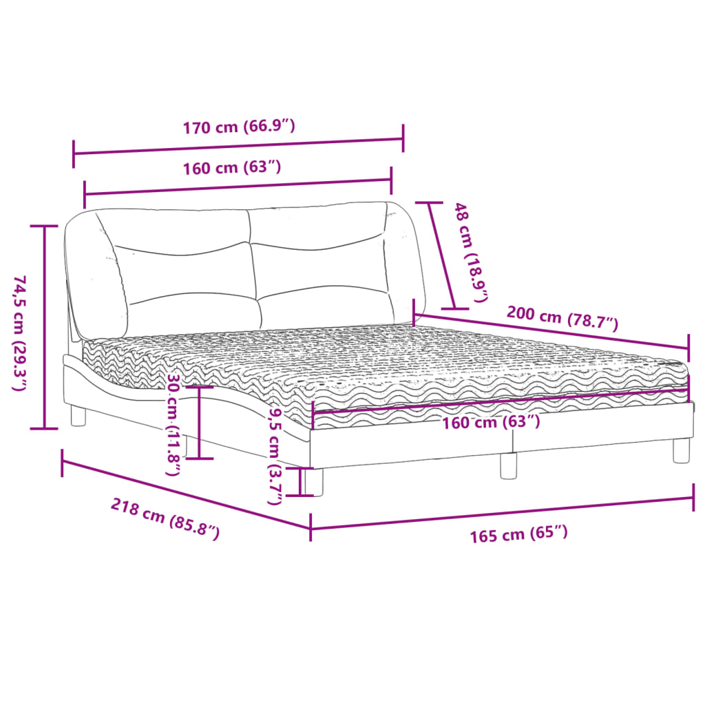 Lit avec matelas gris clair 160x200 cm tissu