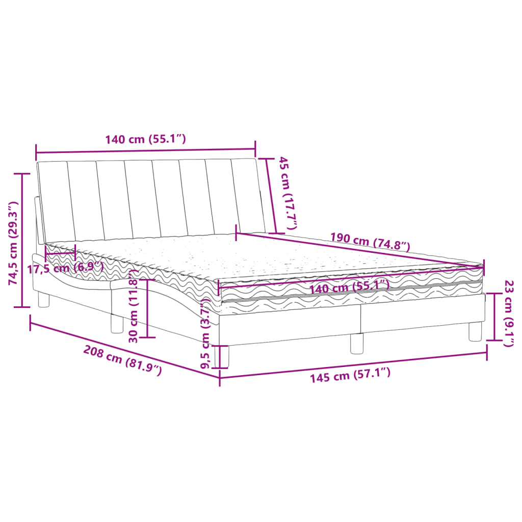 Lit avec matelas gris clair 140x190 cm velours